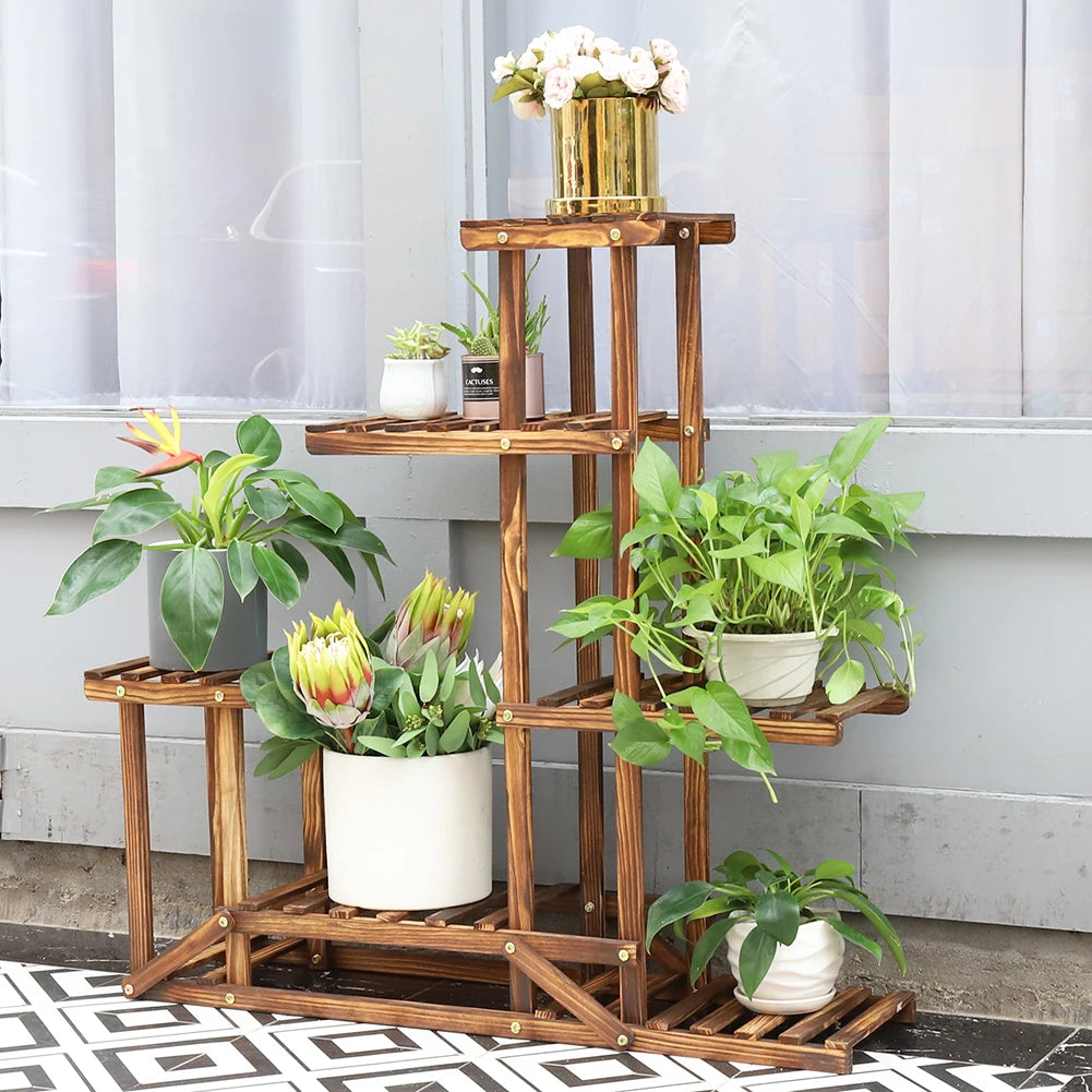 6 Tiered Wood Plant Flower Stand for Multiple Plants