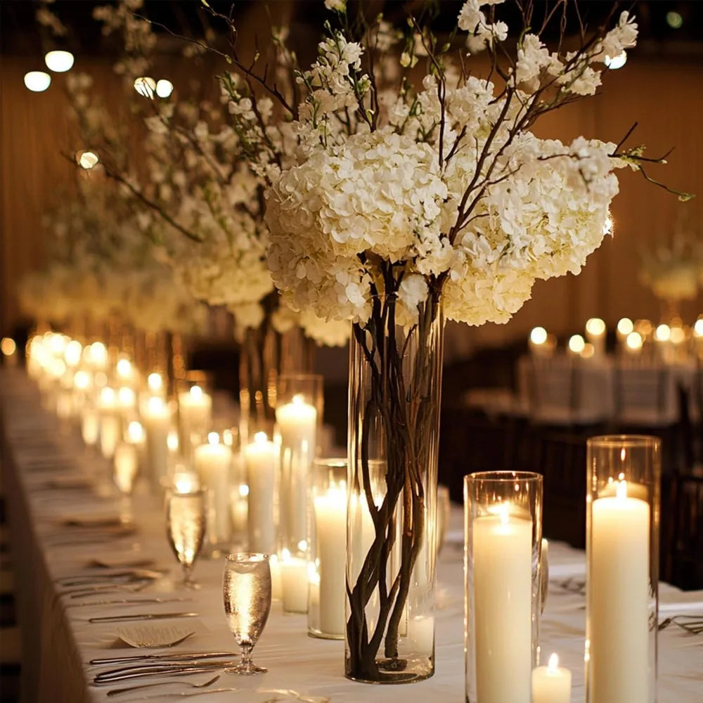 White Pillar Candles with Glass Cylinder Vases