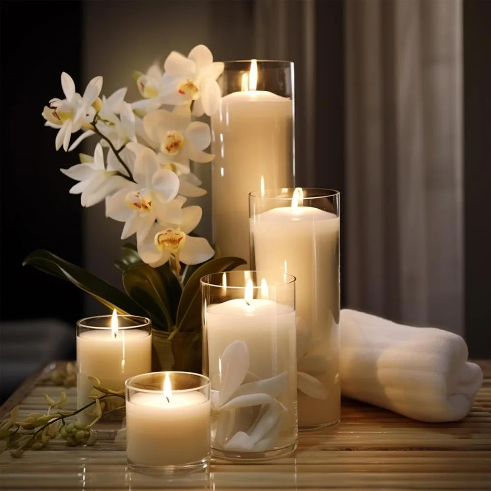 White Pillar Candles with Glass Cylinder Vases