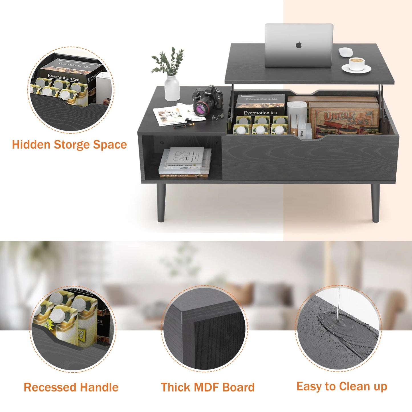 Lift Top Coffee Tables with Adjustable Storage Shelf