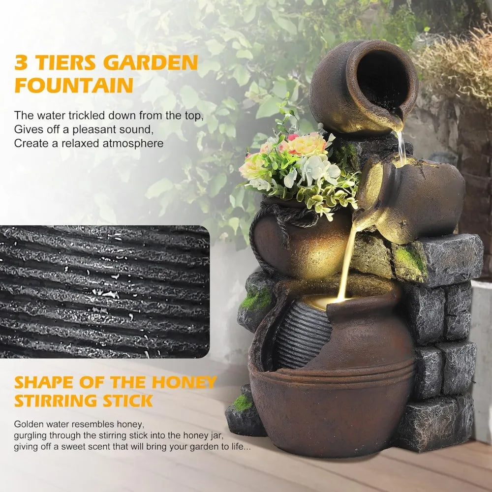 Outdoor Water Fountain with Flower Pot and Lights