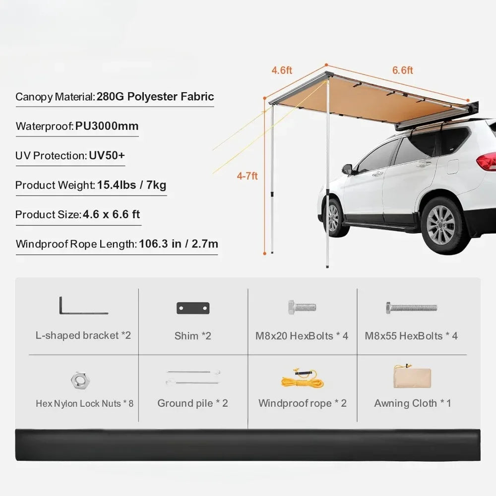 Retractable Car Side Awning With Waterproof Storage Bag