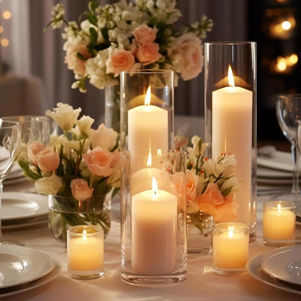 White Pillar Candles with Glass Cylinder Vases