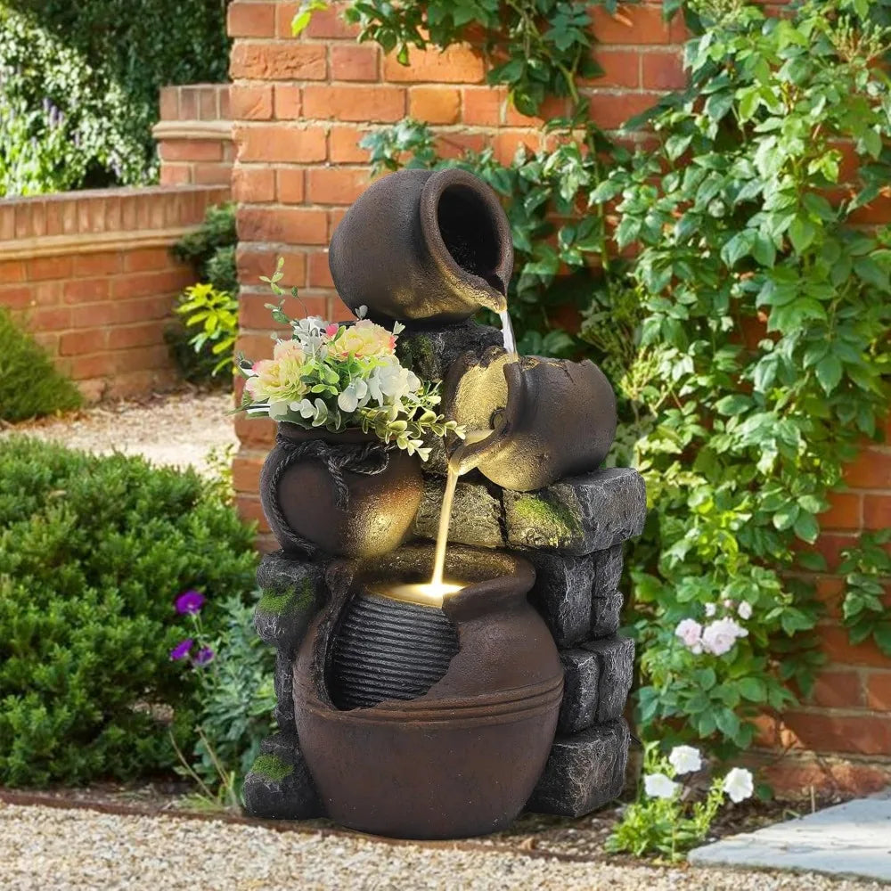 Outdoor Water Fountain with Flower Pot and Lights