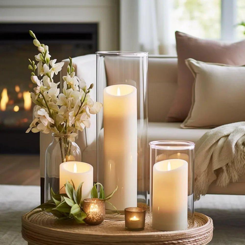 White Pillar Candles with Glass Cylinder Vases